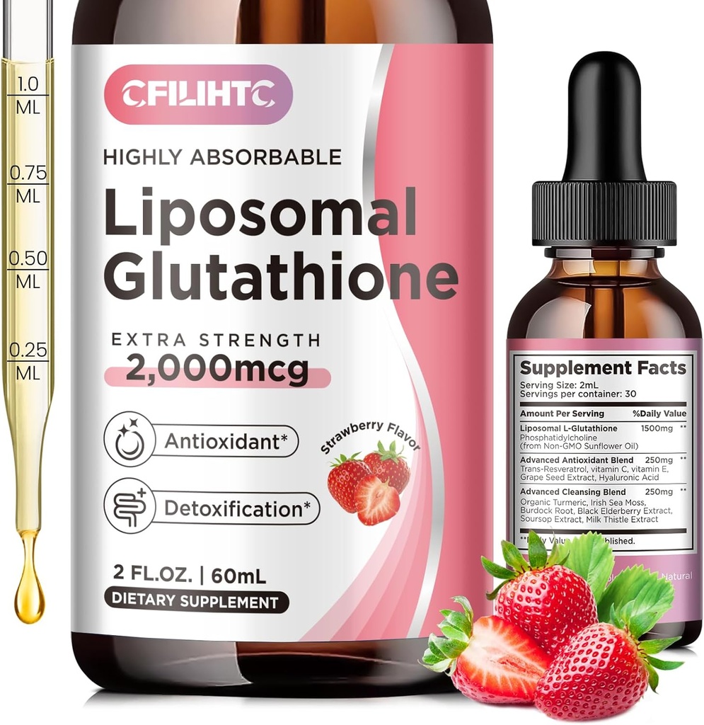 Liposomal Glutathione Liquid Drops, Glutathione Liquid Supplement, Active Form L- Glutathione, C vitamini, Liver Detox, Antioksit & Cleansing, Strawberry Flavor, 2 FL.OZ