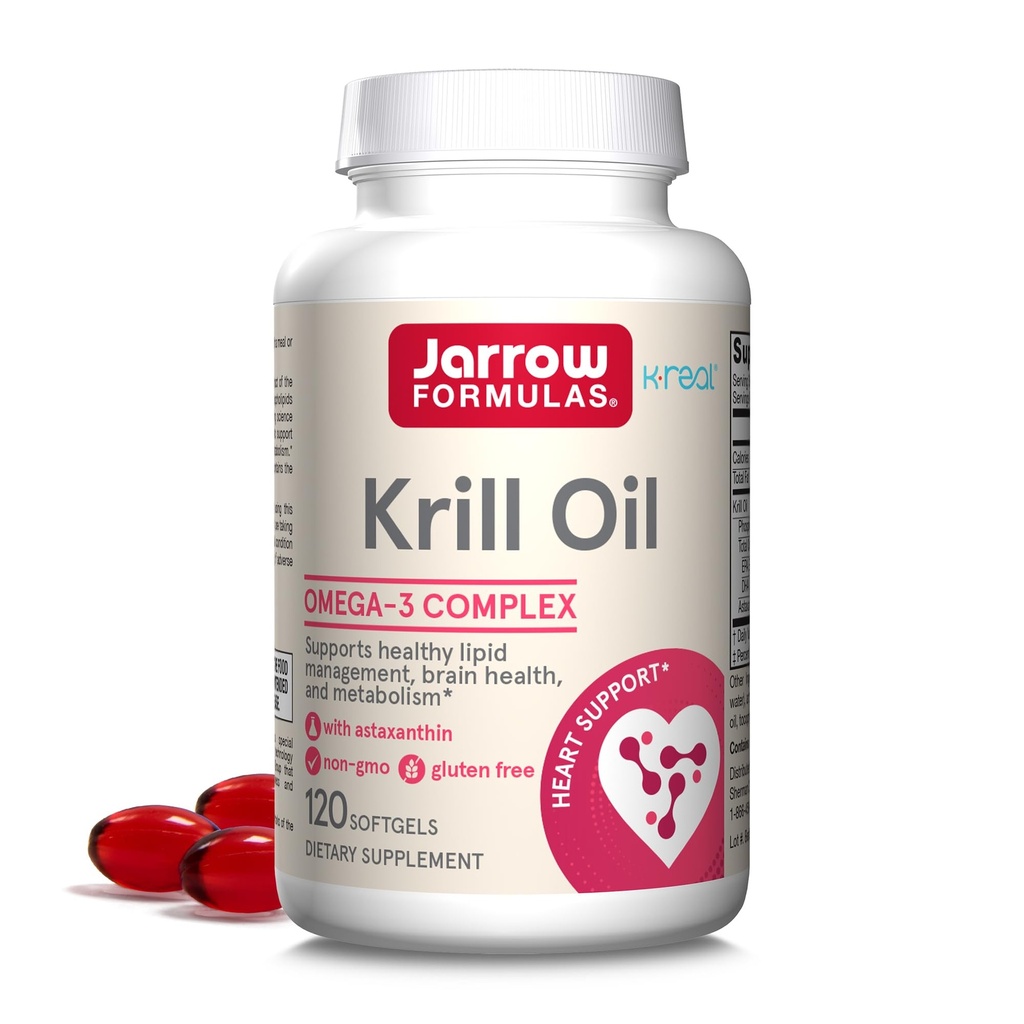 Jarrow Formulas Krill Oil - Phospholipid Omega-3 Complex with Astaxanthin - 120 Softgels - 60 Servings - Supports Lipid Management, Metabolism, Brain & Heart Health - EPA & DHA - Gluten Free - Non-GMO