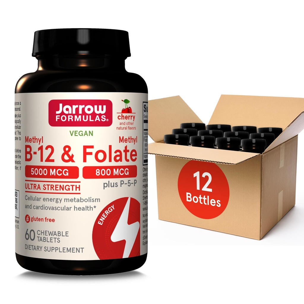 Jarrow Formulas Ultra Strength Me-12 5000 mcg & Metil Folate 800 mcg + P-5-P, Cellular Energy Metabolism ve Cardiovascular Destek için Tamam, 60 Chewable Tabletler, 60 Day Supply, 12 Packs