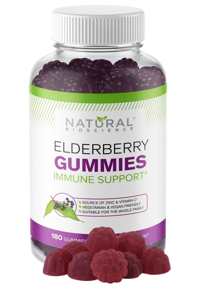 Doğal Bio Science Sambucus Elderberry Gummies with Vitamin C & çinko, Immune Support for Yetişkinler & Kids, Daily Antioksi & Wellness Boost, 180 Vegan, Gluten-Free, Chewable Elderberry Gummies
