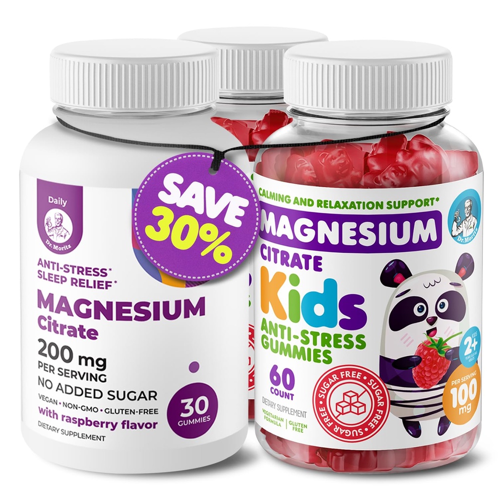 DR. MORITZ Magnezyum Sche - Yetişkinler için Gummies (200 mg, 30 Count) ve Magnezyum Gummies (60 Kont, 2 Pack) - Sugar-Free