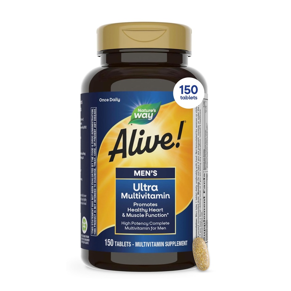 Doğanın Yolu Alive! Erkeklerin Günlük Ultra Multivitamin, Yüksek Potency Formula, Kalp ve Kas Fonksiyonlu *, Metilated Vitamin B12, Gluten Free, 150 Tabletler