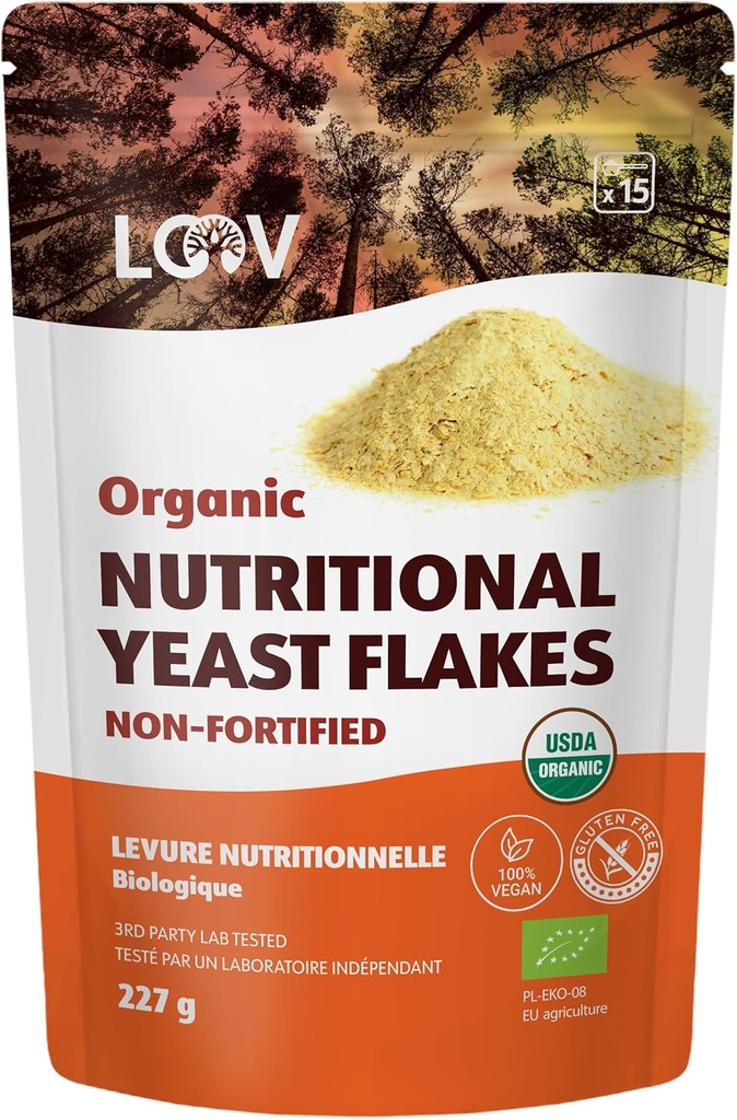 LOOV Organic Non-Fortified Nutritional Yeast Flakes - Vegan, Gluten Free, Non-GMO Unfortified Nooch - Good Source of Natural B-Vitamins - No Added Salt or Sugar - Resealable Bag, 8 Ounces (227 Grams)