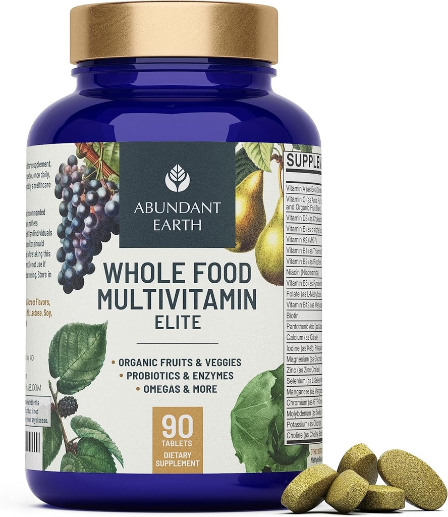 Abundant Earth All Food Multivitamin for Women Daily Multi Vitamins Supplements for Mens Multivitamins + B Complex, Probiyotik Multi Enzyme, Omegas for Organic Energy Mood Digestion 90ct-4pkk
