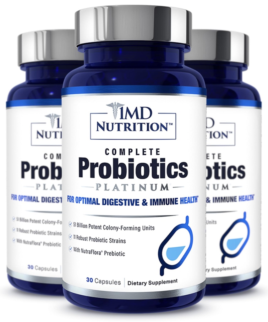 1MD Full Probiyotiks Platinum | Supports Digestive Health | Nourishing Prebiyotiks, 51 Milyar Canlı CFU, 11 Strains, Dairy-Free | 30 Sebze Kapsülleri (3-Pack)