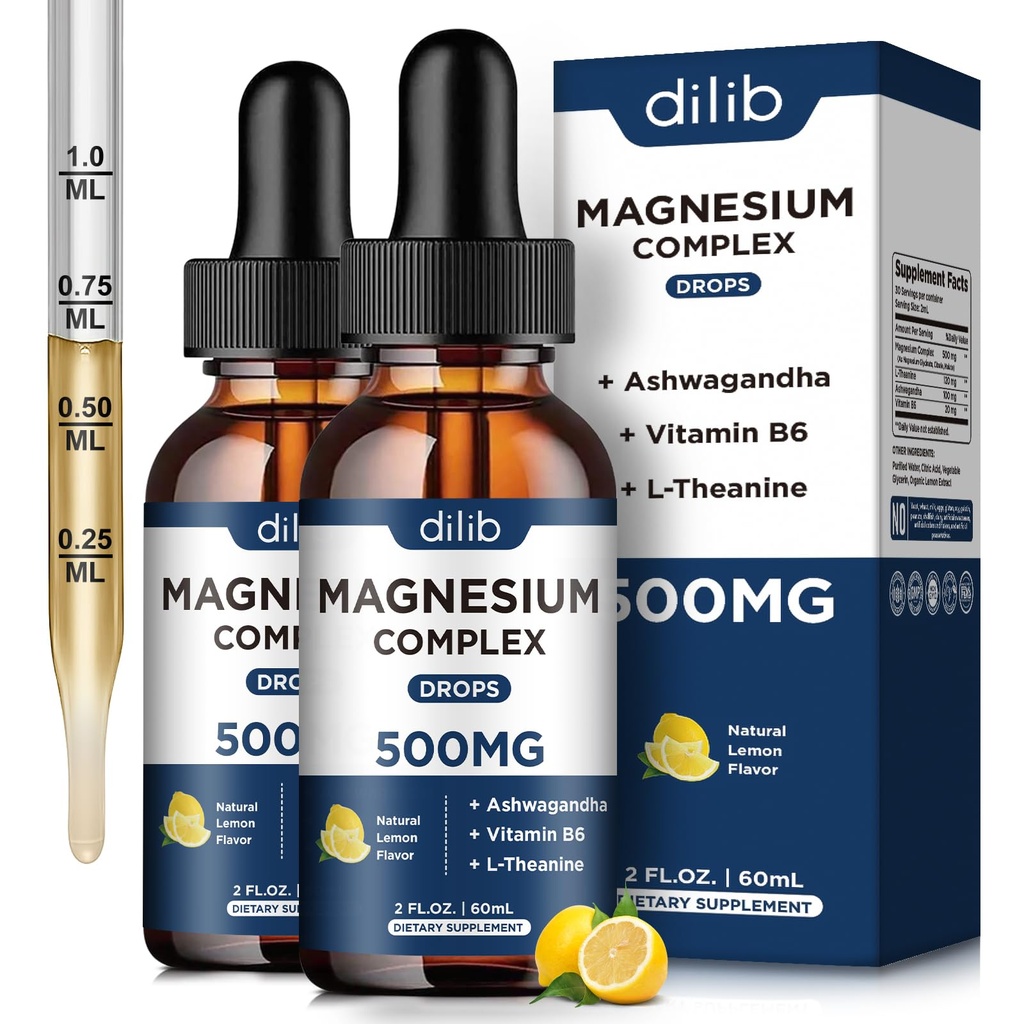 (2 Pack) Magnezyum Glycinate, Citrate, Malate Liquid Drops-Triple Magnezyum Kompleksi 500 mg Ashwagandha, L-Theanine, B6-Depre Calm, Stres Yardımı, Uyku, Kas-Lemon Flavor