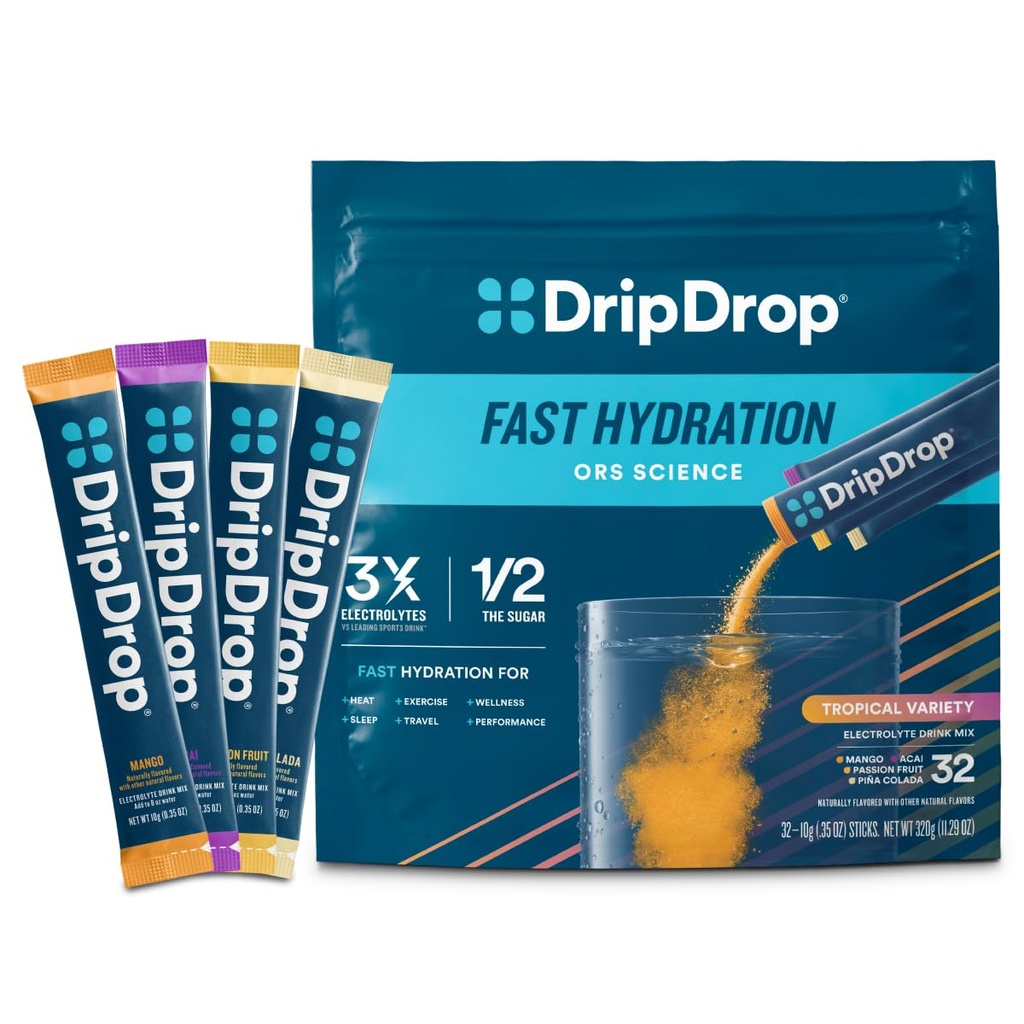 DripDrop Hydration Packets - Tropikal Çeşitli Paket - Single Serve Electrolytes Toz İçecek Mix - Mango, Açaí, Passion Fruit, Piña Colada - Non-GMO, Gluten Free, Vegan - 32 Sticks