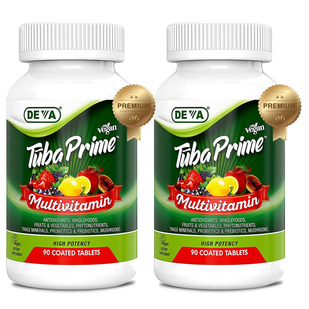 DEVA Tuba Prime Vegan Multivitamin High-Potency Vitamin ve Mineral Diyetsel Tamam Antioksitler, Meyve ve Sebze Yemekleri, Super Mushrooms, Probiyotikler, Prebiyotikler, Tohumlar, Herbs - 90 Tabs, 2Pack