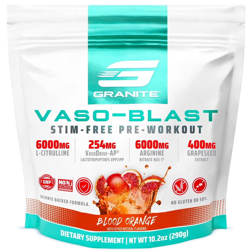 Granit Beslenme Vaso Blast Stim-Free Pre Workout - Non-Stim Nitrik Banyo Desteği Pompa, Fizik ve Kas Kapasitesi - Kan Orange (290g)