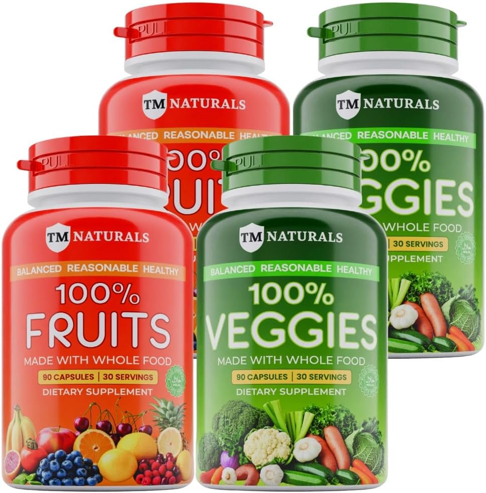 Fruit and Veggies Supplement Vitamins for Men and Women Super Fruits and Veggies Capsules to Support Balanced Nutrition and Energy Levels Whole Natural Super Foods 180 Count (Pack of 4)