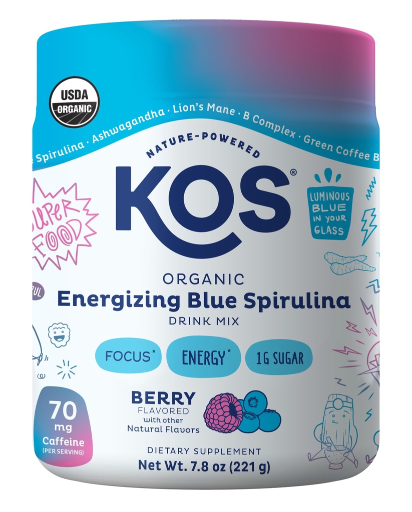 KOS Blue Spirulina Assembly - USDA sertifikalı Organik - B Vitaminleri, Ashwagandha, BTC, Adaptogens, Biotin - Vegan Pre Workout Toz - Caffeinated, Berry Flavored, 28 Servisler