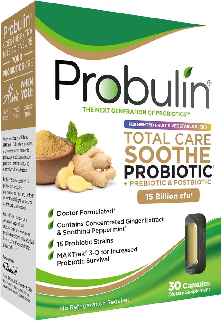 Probulin Total Care Soothe Prebiyotik, Probiyotik ve Postbiyotik + Ginger & Mint for Digestive Soothing - 15 Milyar CFU - 15 Strains - 30 Vegan Capsules