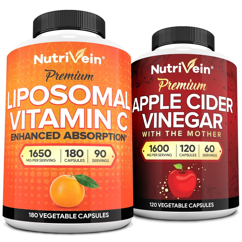 Nutrivein Premium Apple Cider Vinegar Capsules & Liposomal Vitamin C Supplement Sche: Yüksek hacimli C Capsules & Apple Cider Vinegar Supplements için Immune Defenses & Gut Health