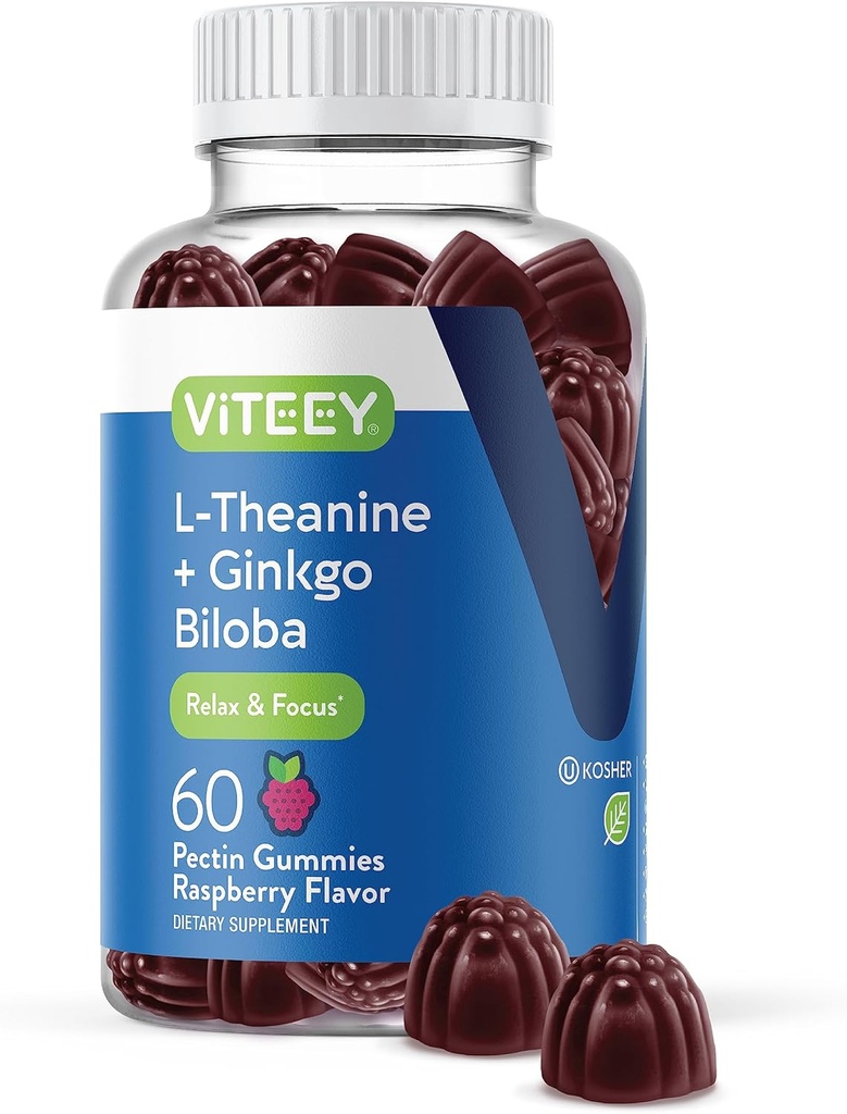 Viteey L-Theanine Gummies with Ginkgo Biloba for Yetişkinler - Focus & Relax, Find Mood - Non GMO, Gelatin Free, Vegan, Gluten Free, Doğal Kaynaklanan Raff Raspberry Flavored Gummy