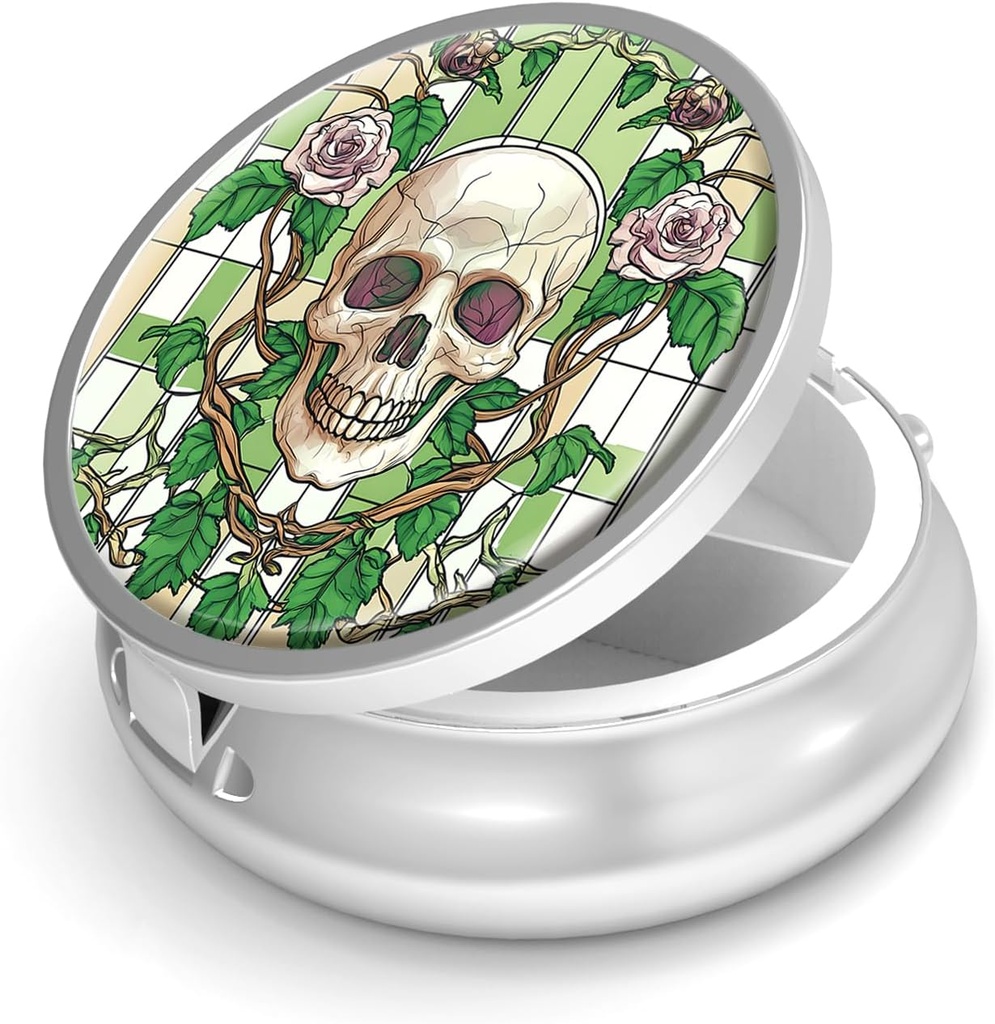 Pill Box-3 Karşılaştırma Küçük Pill Case for Purse & Pocket Mini Metal Pill Holder Travel Pill Container to Hold Supplements Antivirus-Free (Skull and Rose)