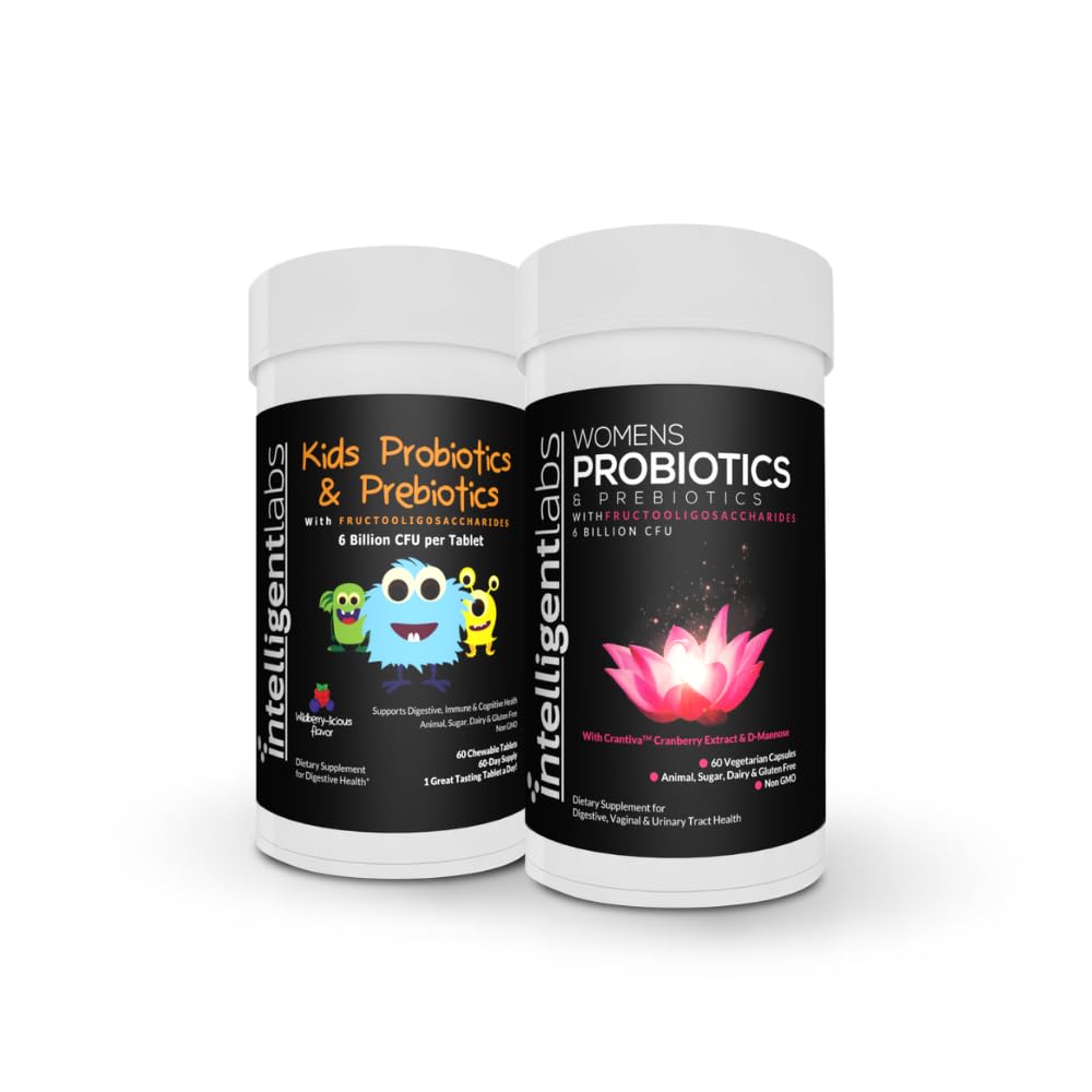 Akıllı Laboratuvarlar 2-in-1 Log of Kids' Probiyotiks with Sunfiber and FOS + Women's Probiyotiks (UTI Formula with Cranberry & D-Mannose), No Refrigeration Required, 2 Ay Supply Per Şişe