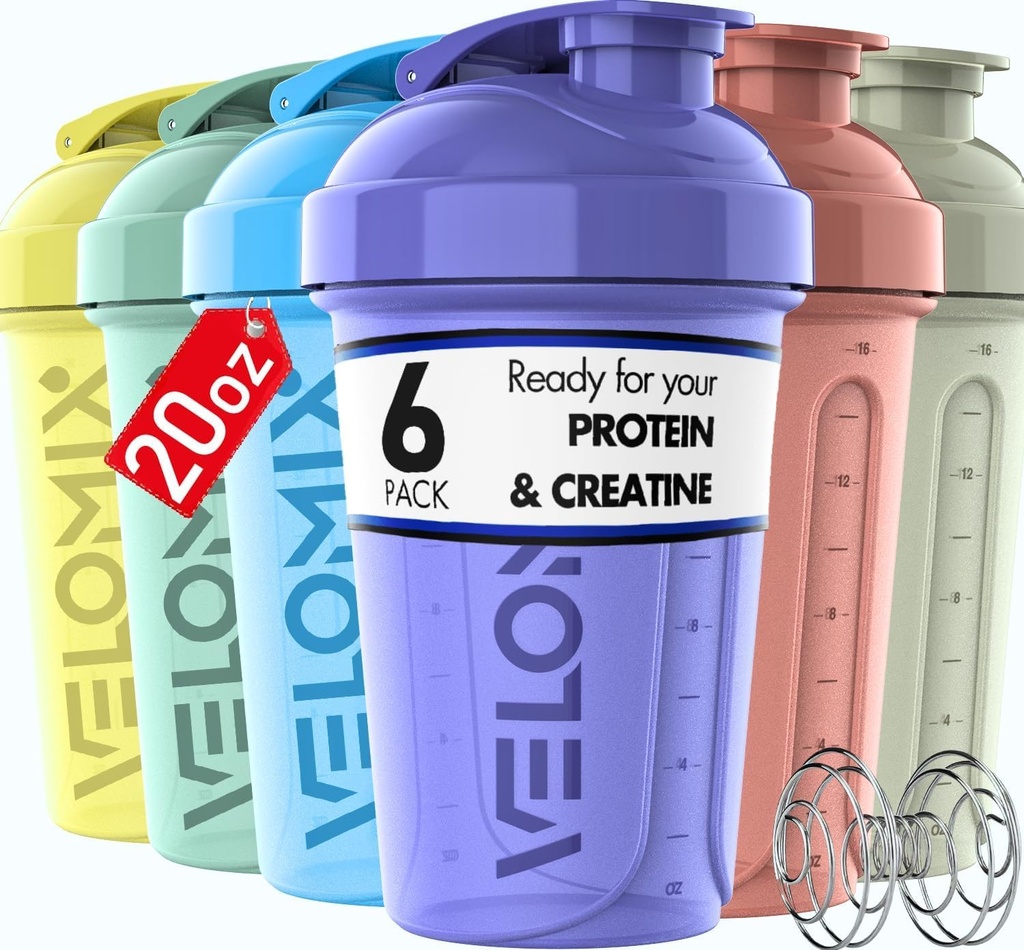 VELOMIX -6 PACK- 20 oz protein Mixer Şişe - 6 Wirex Whisk | Protein Shakes için Leak Kanıt Shaker Cups | Dayanıklı Protein Shaker Şişe Paketi | Dishwasher Güvenli (Pastel Shades)