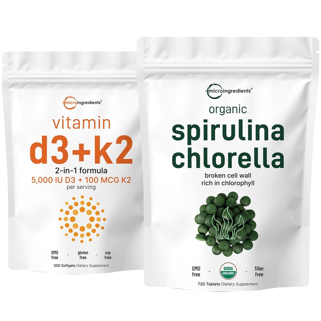Mikro Malzemeler Organik Klorella Spirulina 3000 mg Tablet & Vitamin D3 5000iu + K2 100mcg Sche 2 Pack | Cracked Hücre Duvarı, Vegan Protein & Chlorophyll | Essential Sunshine Vitamins