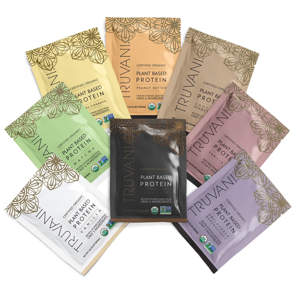Truvani Vegan Pea Protein Toz | Örnek Paketi | 20g Organik Bitki Temel Protein | 8 Single Paketler | Keto | Gluten & Dairy Free | Low Carb | Ek Olmayan Şeker
