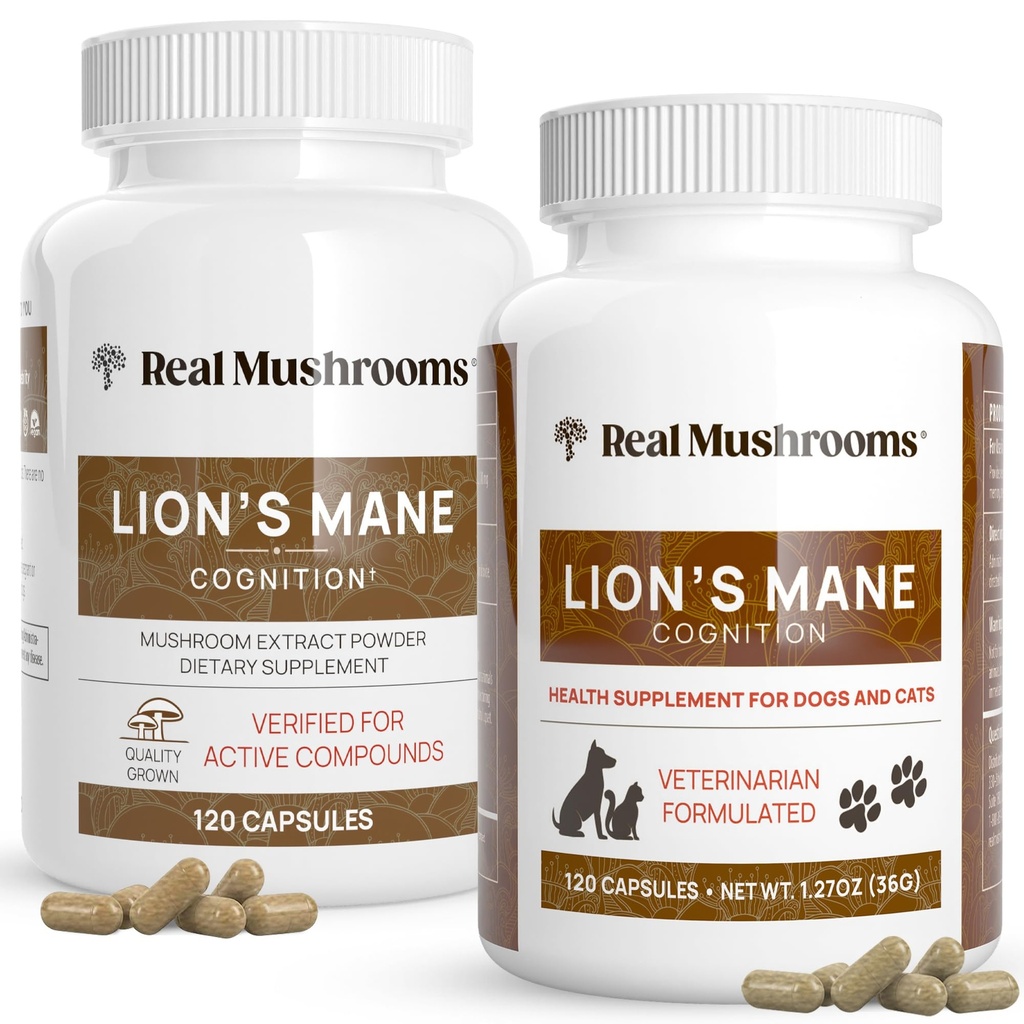 Gerçek Mushrooms Lions Mane for Humans (120ct) and Pets (120ct) - Cognition & Immunity - Vegan, Non-GMO, Gluten-Free, T-Free Mushroom Ekstralar