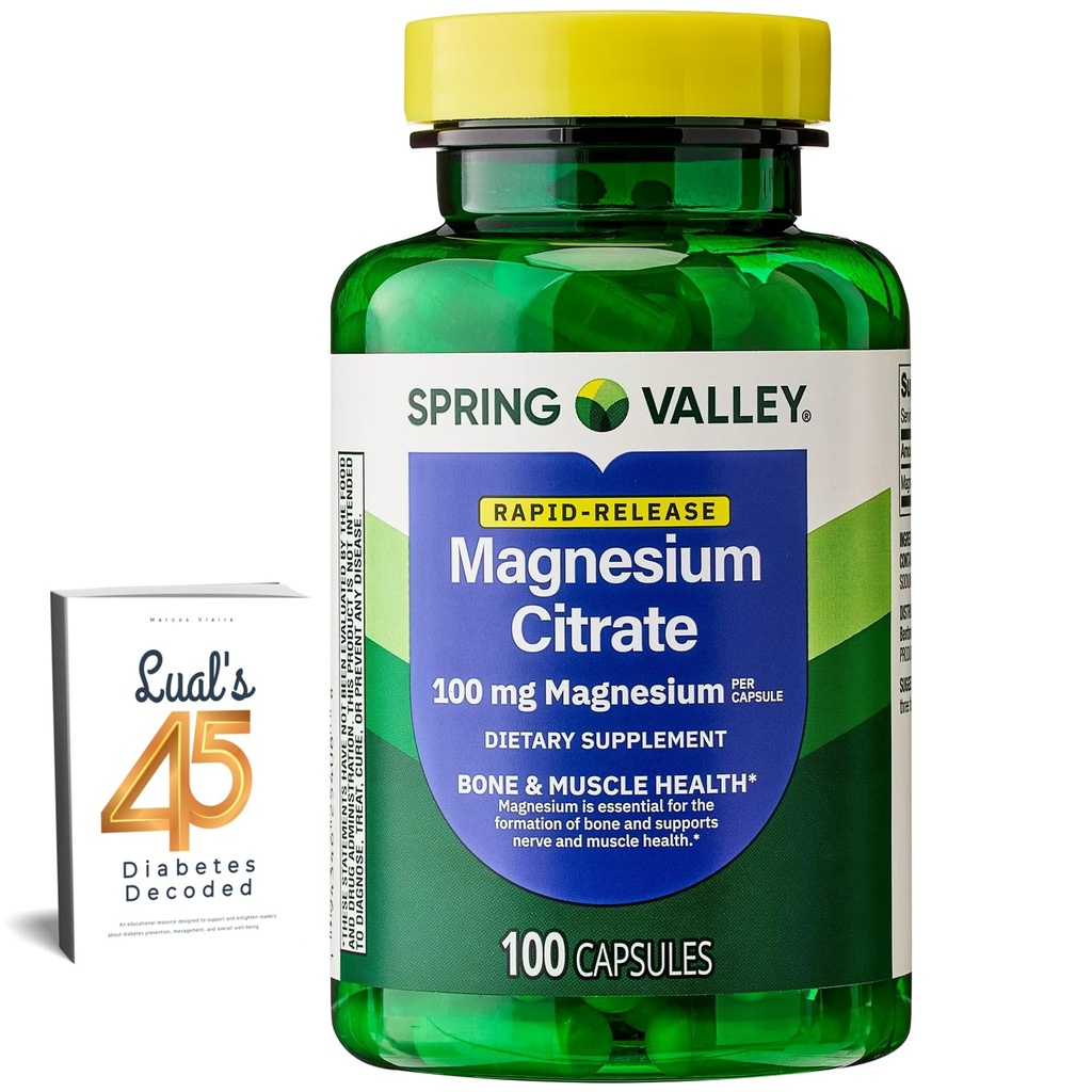 Spring Valley Citrate | Citrato de Magnesio 1000 mg Capsules | Kadınlar için En İyi Magnezyum Supplement | Magnezyum Pill | 100 mg, 100 Capsules Sche with Lual's 45 Diabetes Decoded