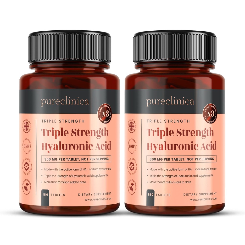 pureclinica Hyaluronic Acid 300mg x 360 Tablets (2 Bottles of 180-12 Months Supply). Triple Strength Hyaluronic Acid. 300% Stronger Than Any Other HLA Tablet.