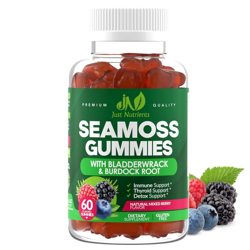 Deniz Moss 3000 mg Bladderwrack ve Burdock Kökleri ile Gummies - Immune için Doğal İrlandalı Deniz Moss, Tiroid ve Detox Desteği - Ekstra Güçlü, Büyük Tasting - Gluten-Free, Vegan - 60 Gummies