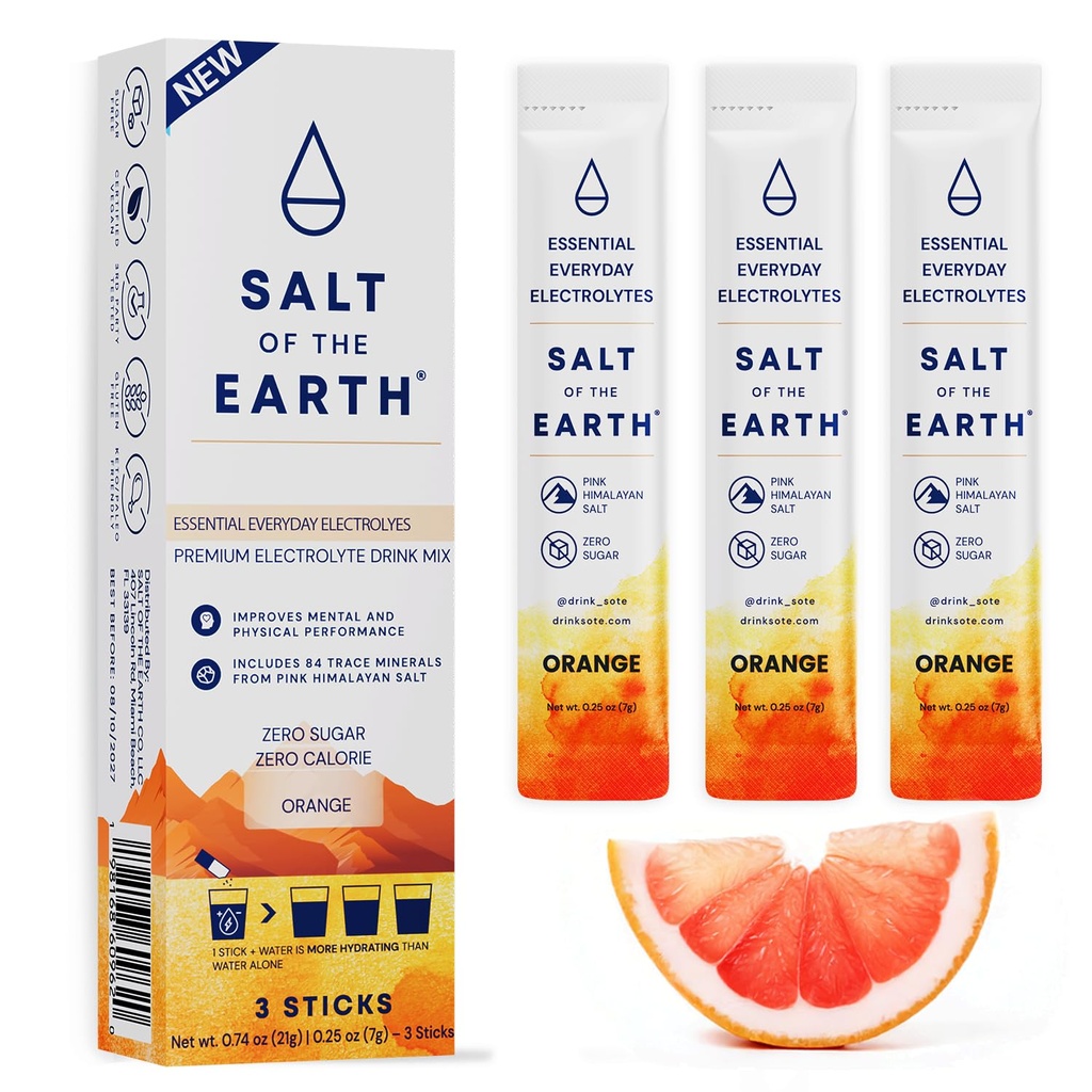 Dünya Premium Zero-Sugar Electrolyte - Pink Himalaya Salt ile yapılır - Hydration Toz Paketleri | Premium Malzemeler | Keto & Paleo Friendly | 3 Sticks, Orange