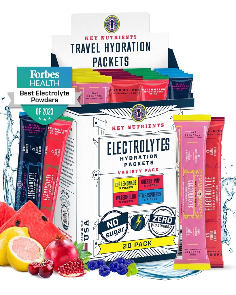 KEY NUTRIENTS Electrolytes Toz Paketleri No Sugar - 4 Delicious Flavors in Hydration Packets 20 Pack - No Calories, Gluten Free Electrolytes Toz Packets - Mitsubishi Friendly, Non GMO, Made in USA