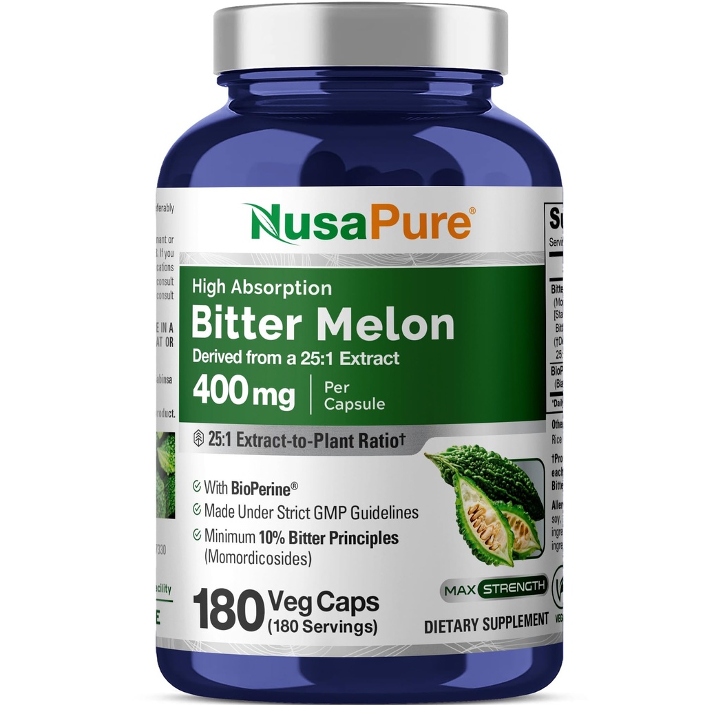 NusaPure Bitter Melon Extract 10.000 mg 180 Vegan Caps (% 100 Vegetarian, Non-GMO, Gluten-Free, 10% Bitter Principles) Bioperine