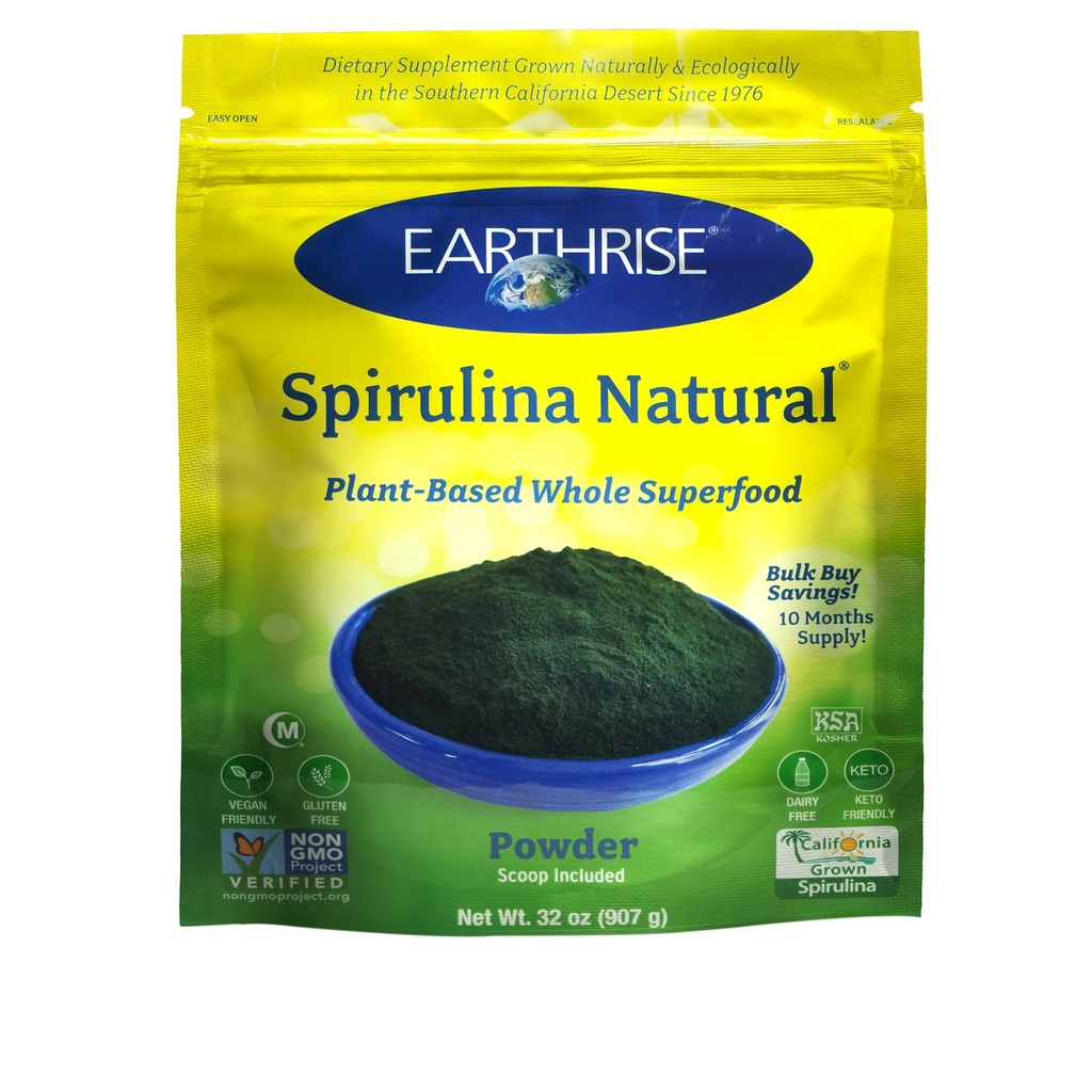 Dünyarise Spirulina Natural Toz 32oz, Doğal Premium Spirulina Kaliforniya- Vegan, Gluten Free, Keto Friendly, Non -GMO Super Food yüksek in Vitamins & Minerals. (2 LB)