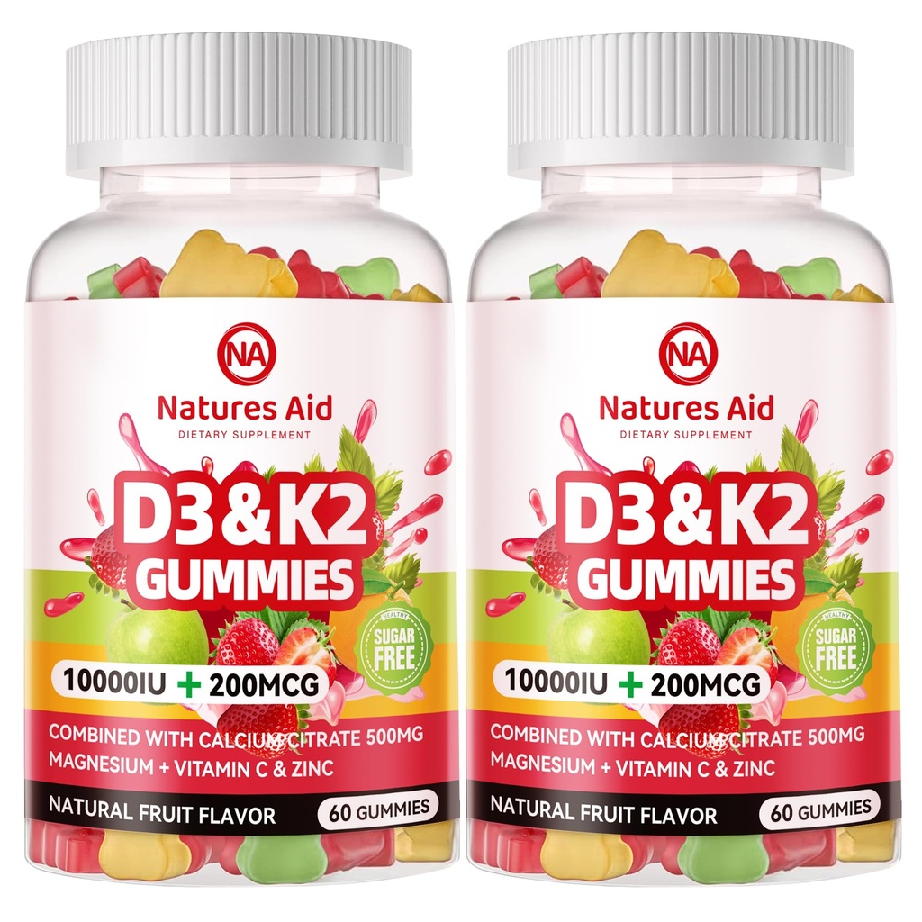 Natures Aid Sugar-Free Vitamin D3 K2 Gummies with Macau + K2 (MK-7), Magnezyum Citrate, C, Ekstra Kuvvet - Bone Kas Dişleri Immune için Ultimate Abors - 120 Gummies
