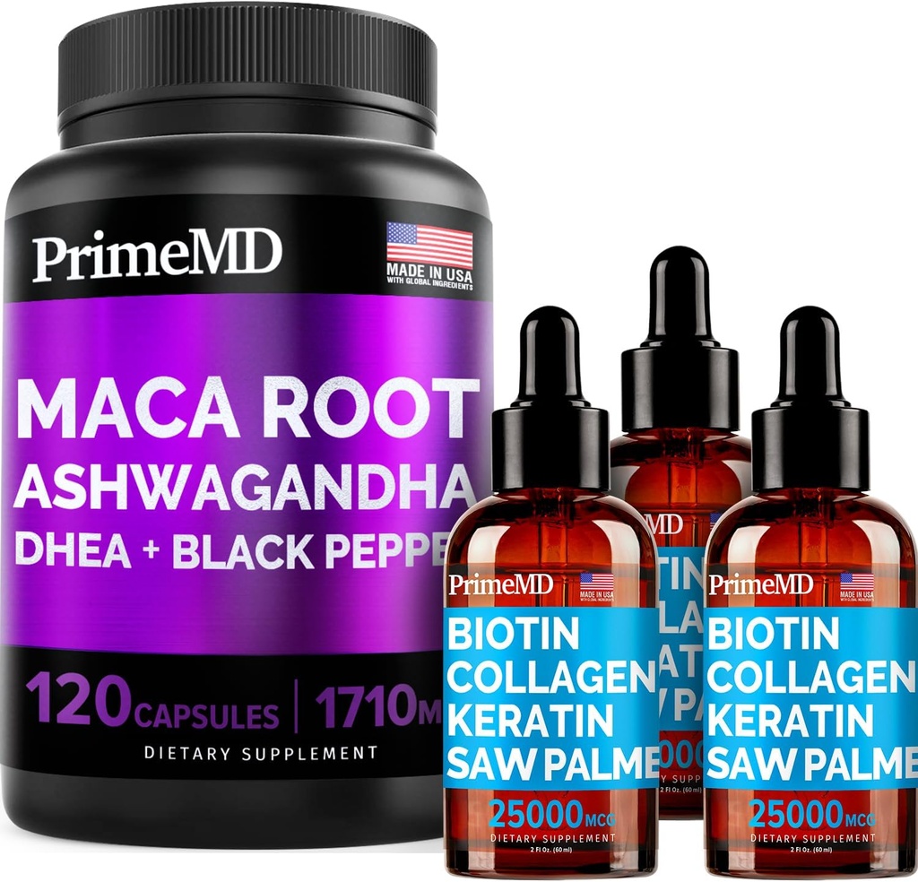 4-in-1 Liquid Biotin Collagen Keratin Saw Palmetto Drops (2 fl oz - 3 Pack) & 6in-1 Maca Root Ashwagandha w Black Pepper Meyvesi (120ct) Sche - Saç, Skin, Nails, Enerji & Mood Support Supplement
