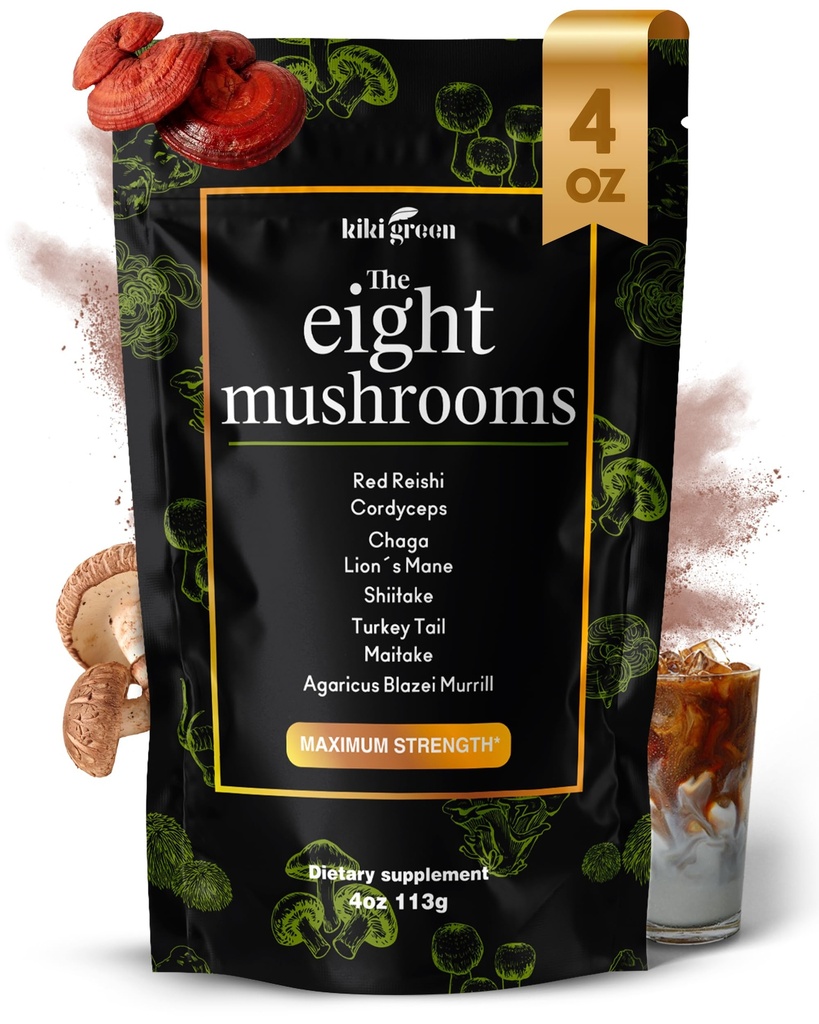 KIKI Green 8 Mushrooms Toz Ekstraksiyon - Kahve ve Smoothies için 4 oz Adaptojenik Kompleksi - Lion's Mane, Chaga, Reishi, Cordyceps, Maitake, Shiitake - Focus and Energy