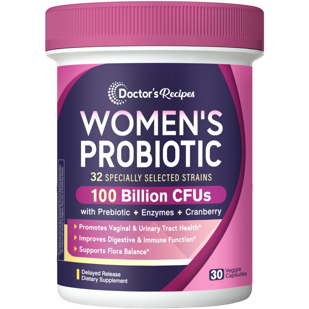 Doktor'un Kadınları için Probiyotikleri, 100 Milyar CFU 32 Strains, Prebiyotik Fiber, Enzymes & Cranberry, Vaginal Urinary Digestive & Immune, No Yeast, Raf Stable, Geciklet, 30 Caps