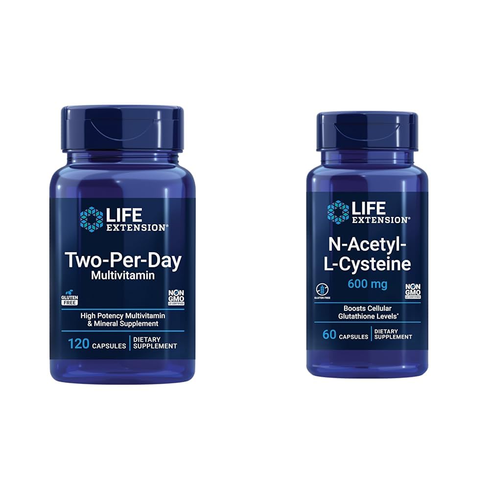Life Extension Two-Per-Day Multivitamin, Vitamins B, C, D, çinko, 25 Vitaminler, Mineraller ve ekstralar, 120 Capsules Sche with N-Acetyl-L-Cysteine (NAC) 600 mg, 60 Capsules