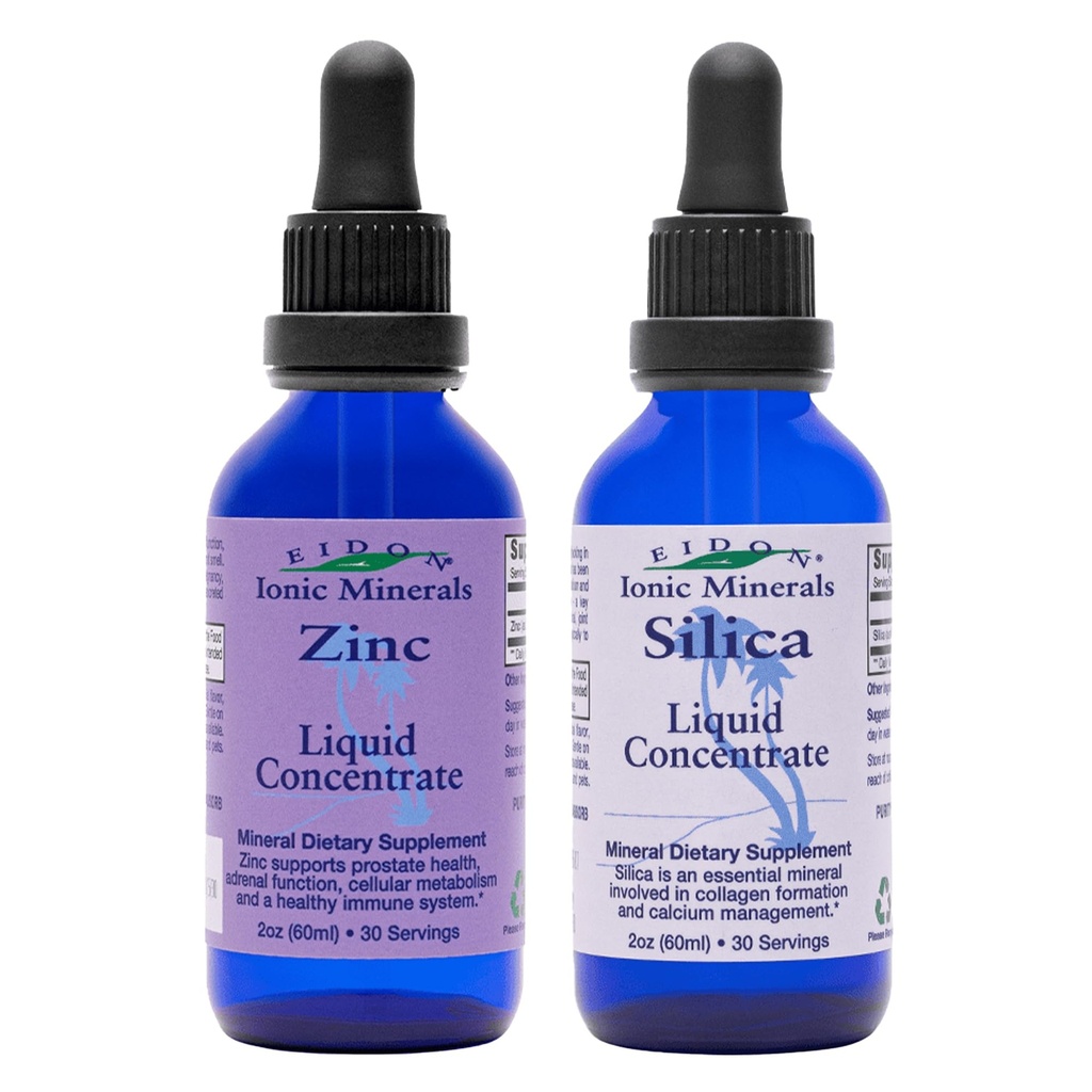 Eidon Ionic Minerals Liquid Silica & Zinc Drops, 2 Fl Oz, Immune Health, Skin Care, All-Natural Ingredients, No Artificial Colors or Preservatives