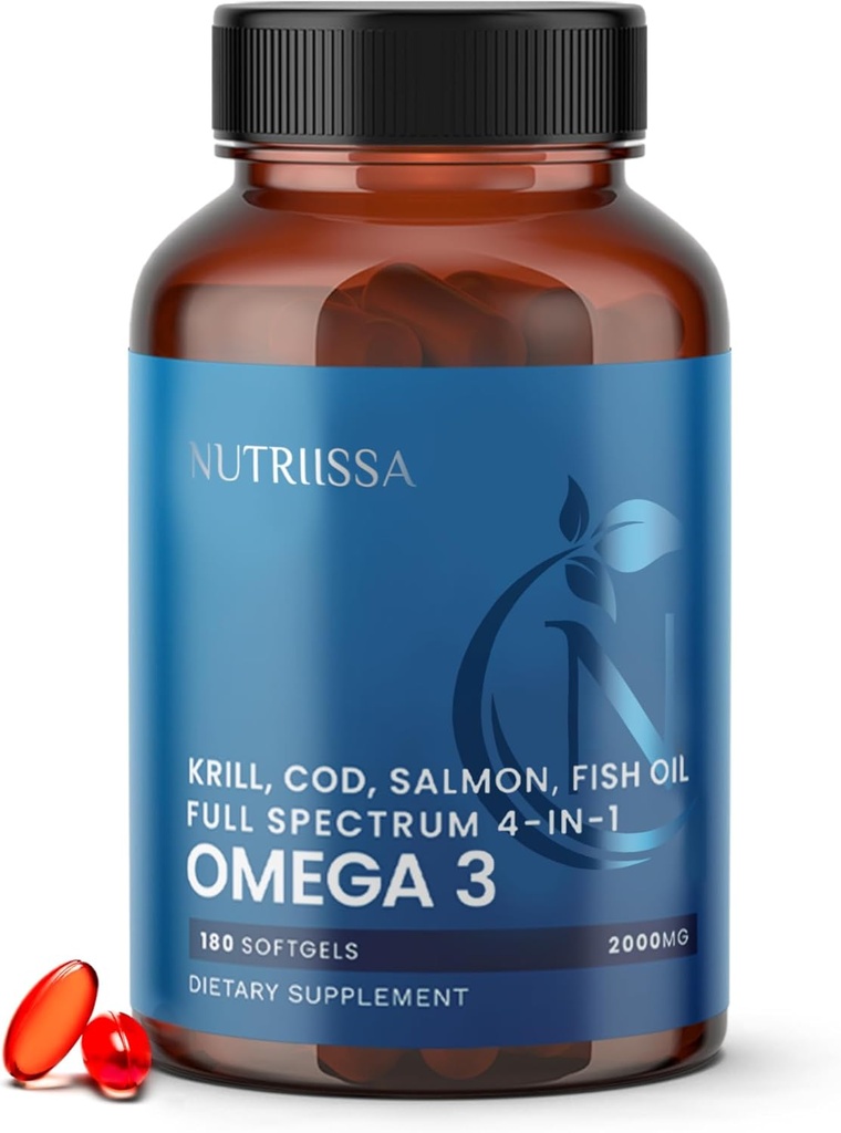Nutriissa Full Spectrum Omega-3 – 2000 mg Oil Mix (Krill, Cod & Salmon Oil) – 1175 mg Omega-3s (EPA, DHA & DPA) – EPEB sertifikalı, 3-Month Supply – Heart, Brain & Ortak Destek – 180 Halal Softgels