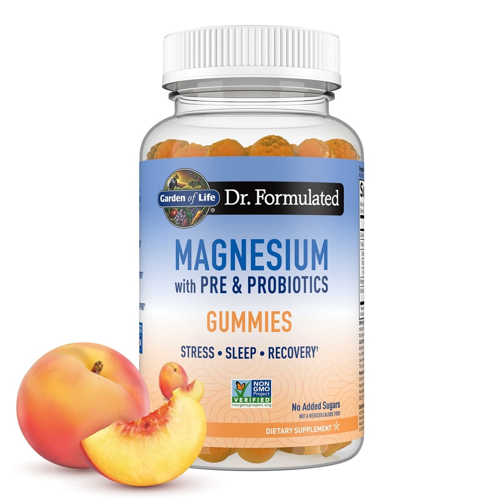 Garden of Life Magnesium Citrate Supplement Gummies with Prebiotics & Probiotics for Stress, Sleep & Recovery - Vegan, Gluten Free, Kosher, Non-GMO, No Added Sugars, Peach Flavor, 60 Count
