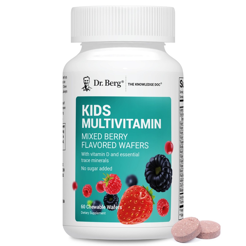 Dr. Berg Kids Chewable Multivitamins (NOT Sweetized w/Sugar) - 20 Nutrients & Trace Mineral Kompleksi içeren Çocuklar için Günlük Multivitamin - Kid için Uygun Vitaminler - Red Wafers