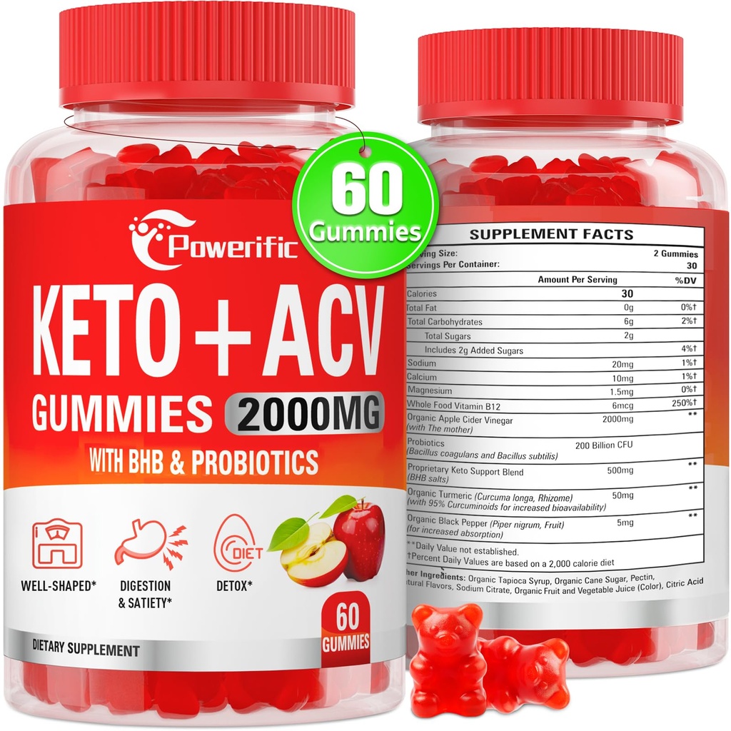 Apple Cider Vinegar Gummies, Keto ACV Gummies Max Strength 2000mg Apple Cider Vinegar ile Anne, Probiyotikler ve Vitamin B12, Digestion, Metabolism, Cleanse & Detox Diyet, 60 Count