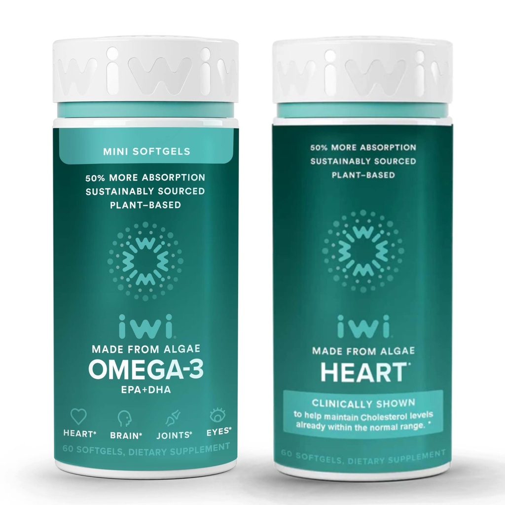 Iwi Omega-3 Minis & Heart Omega-3 Sche, 30 Hizmet, Vegan Plant-Based Algae Omega 3, Krill & Fish Oil Alternative, No Fishy Aftertaste