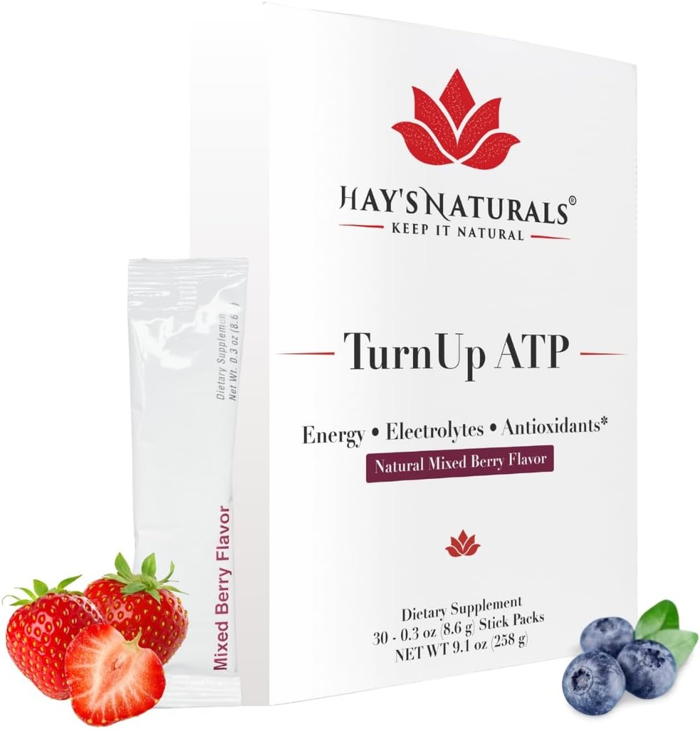 Hay's Naturals Turn Up ATP - 30 Packets | Sugar-Free Energy Drink Mix, Pure ATP, B-Vitamins, Electrolytes & Energy Pur | 5g Carb | Muscle Recovery | Karma Berry Flavor