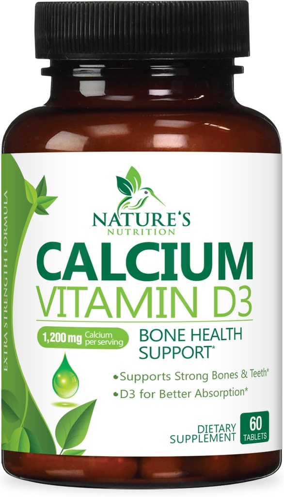 Kalsiyum Supplement 1200 mg - En İyi Apsiyon için D3 Vitamini - Immune Health, Bones & Teeth - Nature'selli Carbonate + 1600 IU of D3 - ABD'de Kadınlar ve Erkekler için Şişelenmiş - 60 Tablet
