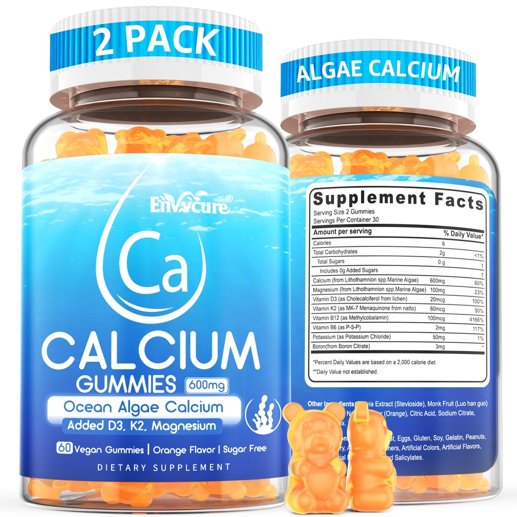Kalsiyum Gummies 600 mg - Kadınlar için toz takviyesi, Ocean Algaeuba | D3, K2, Magnezyum | Bone Strength, Muscle & Immnue | Sustainable Sourced Algaeba, 70+ Mineral, Vegan,2PACK