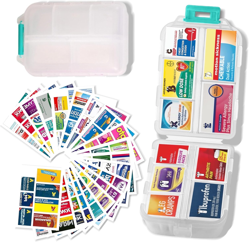 Büyük Pill Organizer Tıp Etiketler - 7 Günlük Seyahat Günlük Konteyner, Mini İlaç Depolama Davası (Beyaz, 161 Etiketler)