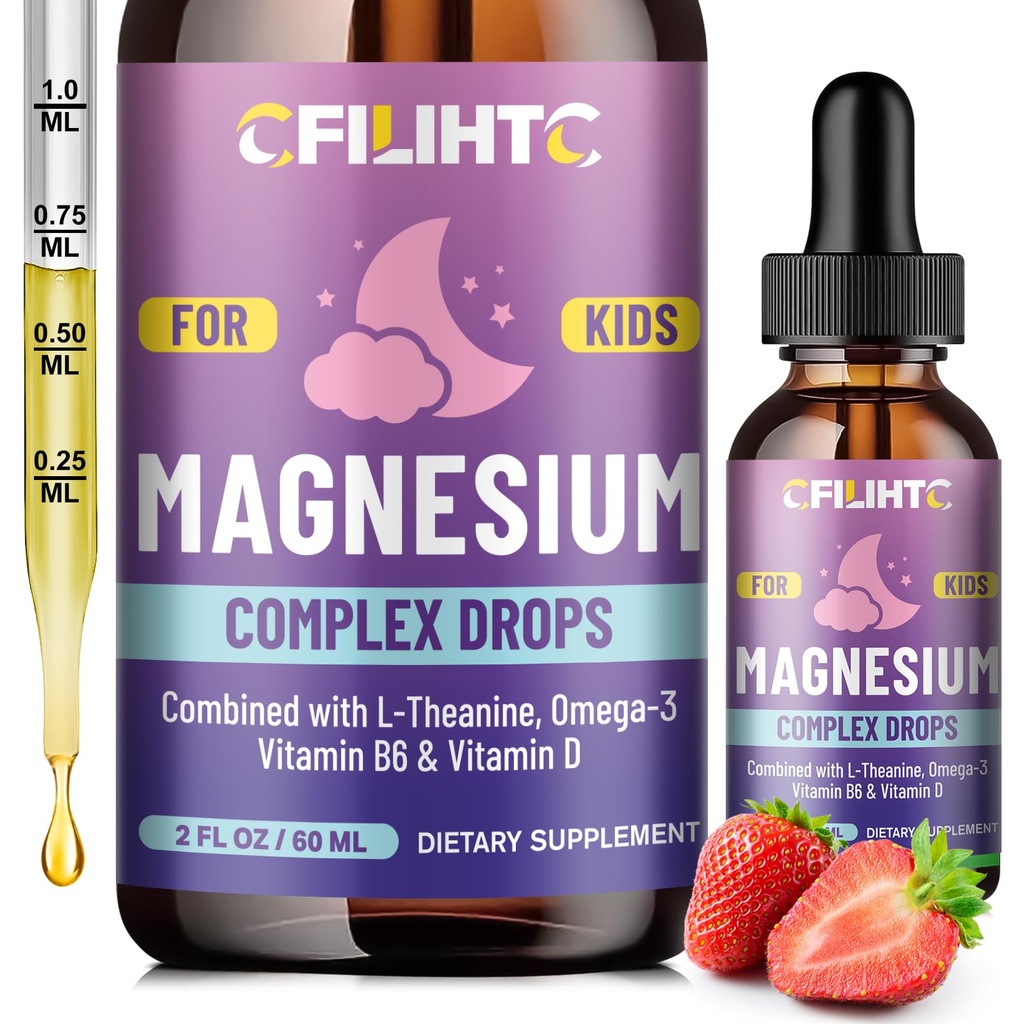 Çocuklar Liquid Drops-Magnesium Glycinate Liquid for Kids Supplement-w/L-theanine, Omega-3, Vitamin B6, D3 - Uyku için, Rahatlama, Beyin, Bones - 2 Fl Oz Children's Calm, Strawberry Flavor