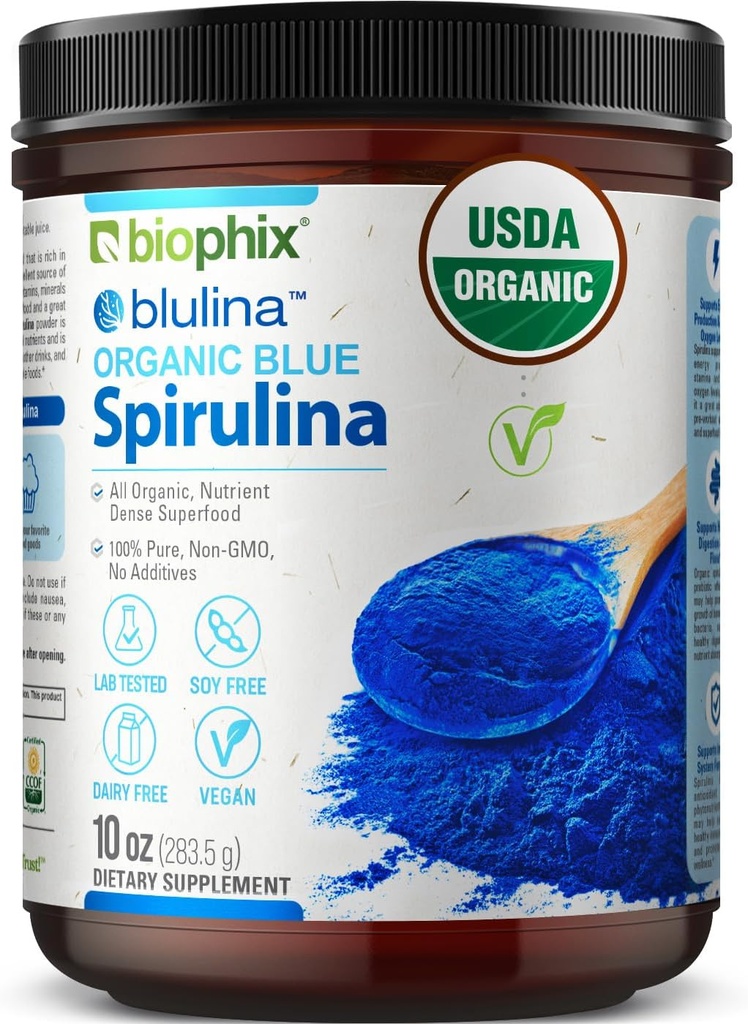 Biophix Blue Spirulina Toz Organik Blulina 10 oz - Algae Organik Spirulina Toz 283 Hizmet - Superfood Supplement - Natural Blue Pigment - Espirulina en Polvo Organica Pura Azulina
