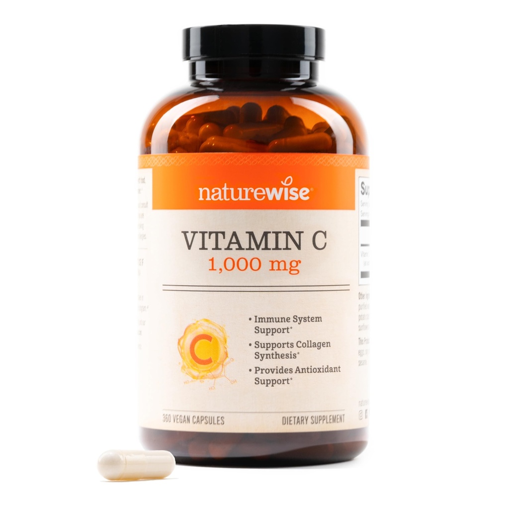 NatureWise Vitamin C 1000 mg Capsules - Ekstra Kuvvetli Vegan Vitamin C for Daily Antioksi & Immune Support - Non-GMO, ABD Üretildi - 360 Capsules[360-Day Supply]