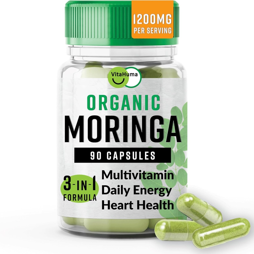 Organik Moringa, Nutrient-Dense Antioksi Support with Vitamin C, A, E, Kalsiyum, Pyum, Demir, Magnezyum, Protein & Amino Asits for Hydration & Energy, Vegan, 1200 MG Per Servisi, 90 CT